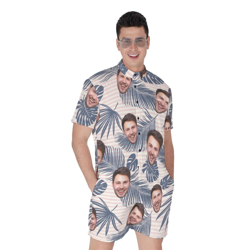 Striped Leaf Tropical Men's Hawaiian Romper With Multi Faces (1)