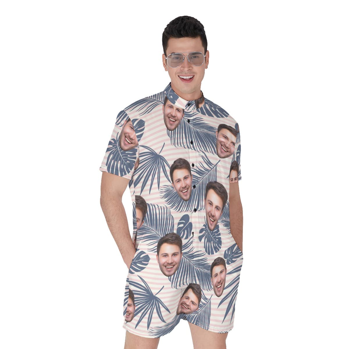 Striped Leaf Tropical Men's Hawaiian Romper With Multi Faces (1)