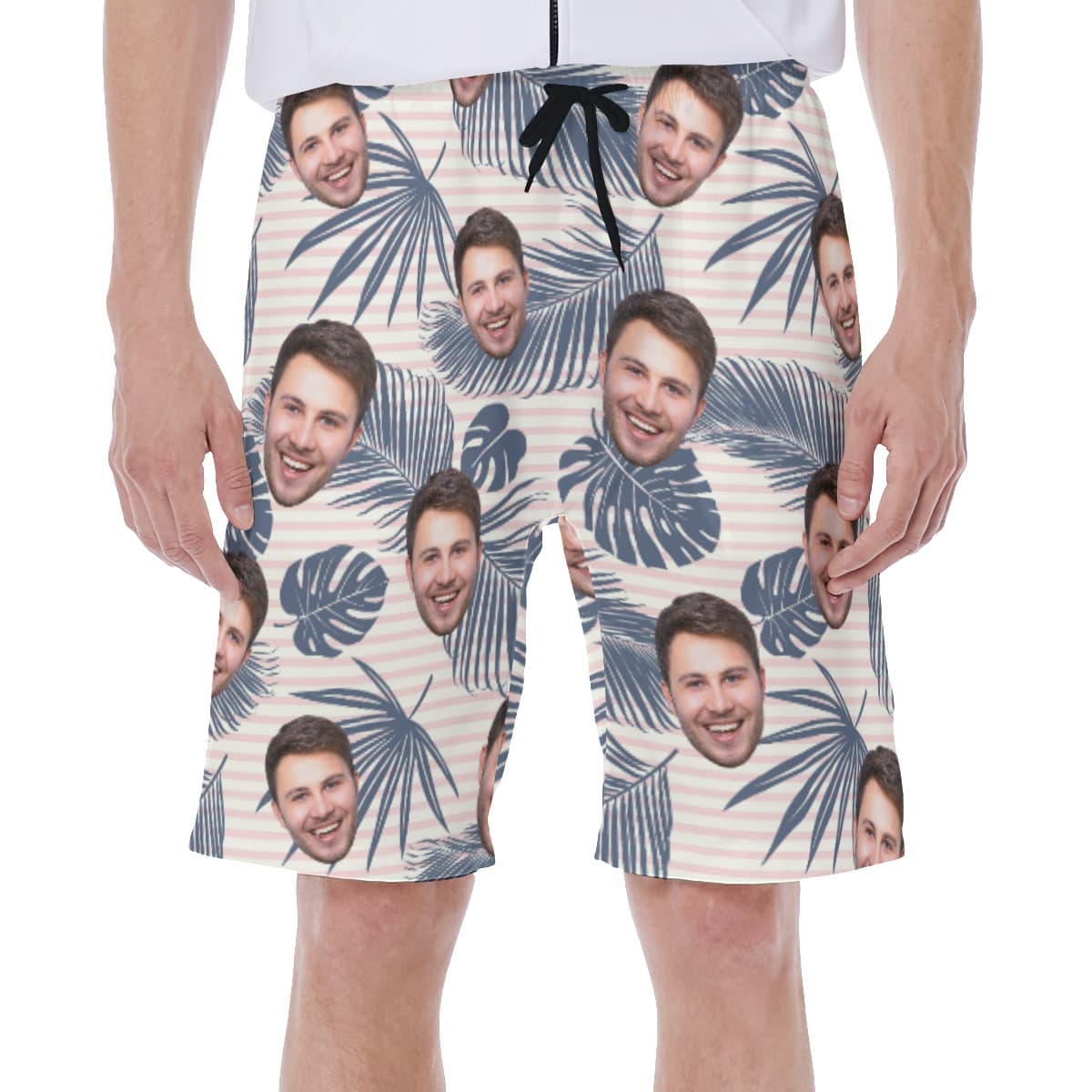 Striped Tropical Leaf Men's Polo Shirt With Custom Face (1)