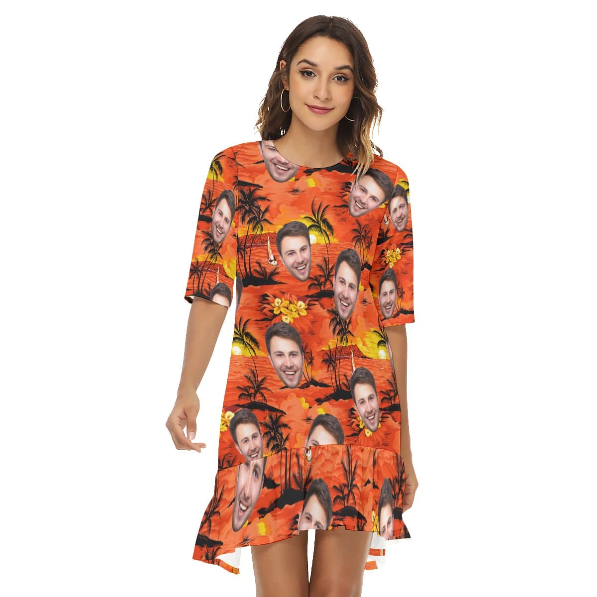 Sunset Orange Half Sleeve Dress With Custom Face (1)