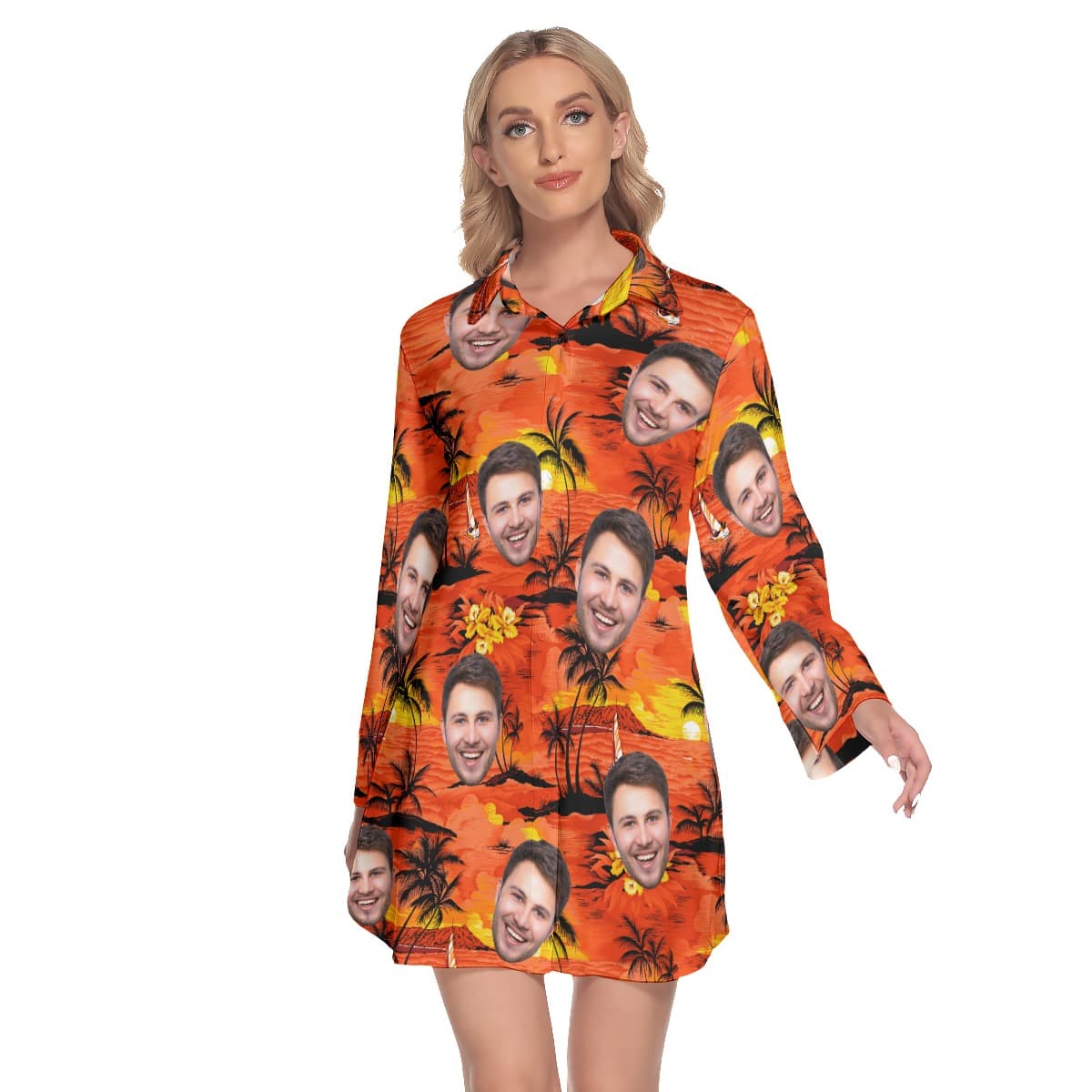 Sunset Orange Lapel Long Sleeve Dress With Multiple Face (1)