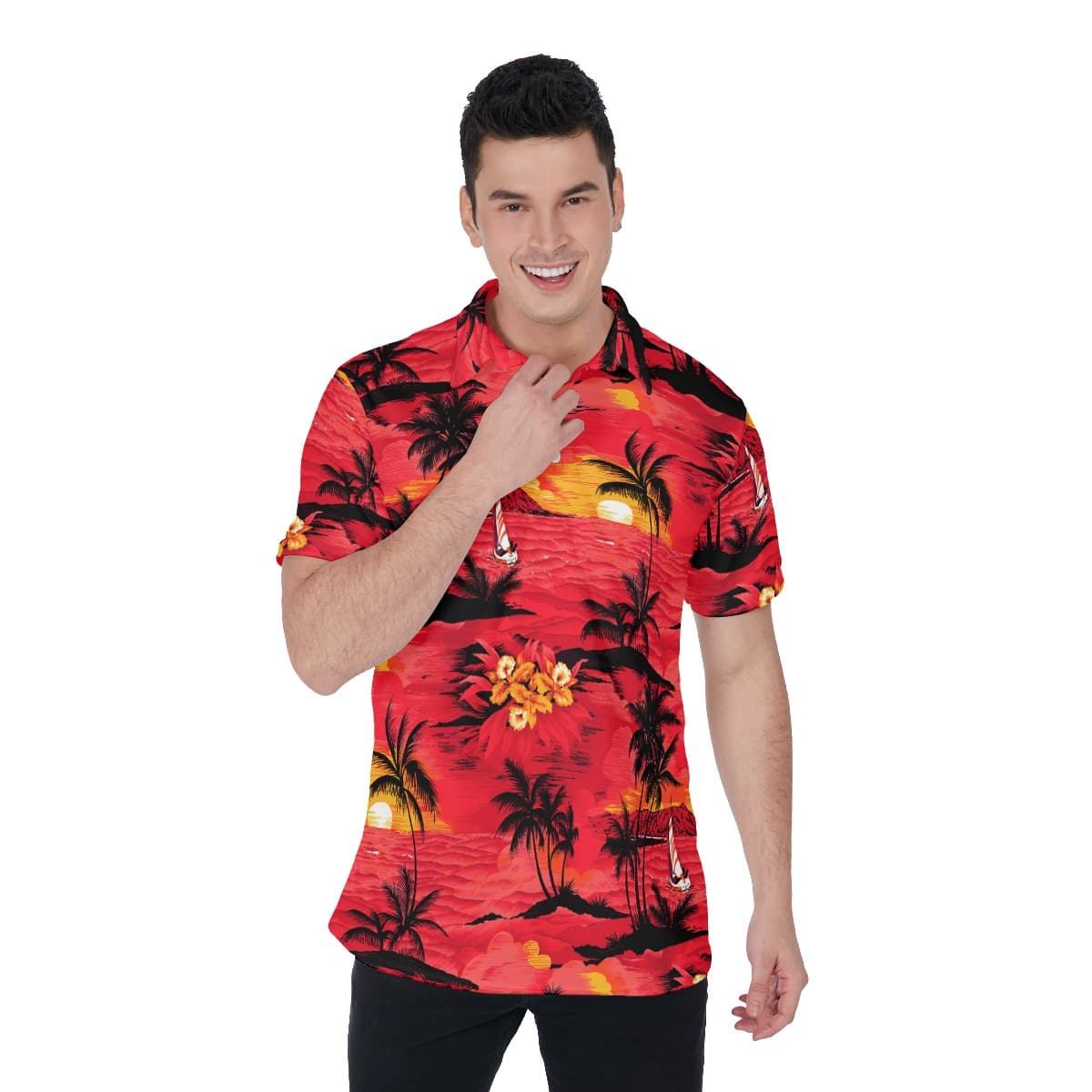 Tropical Beach Red Hawaiian Polo Shirt (1)