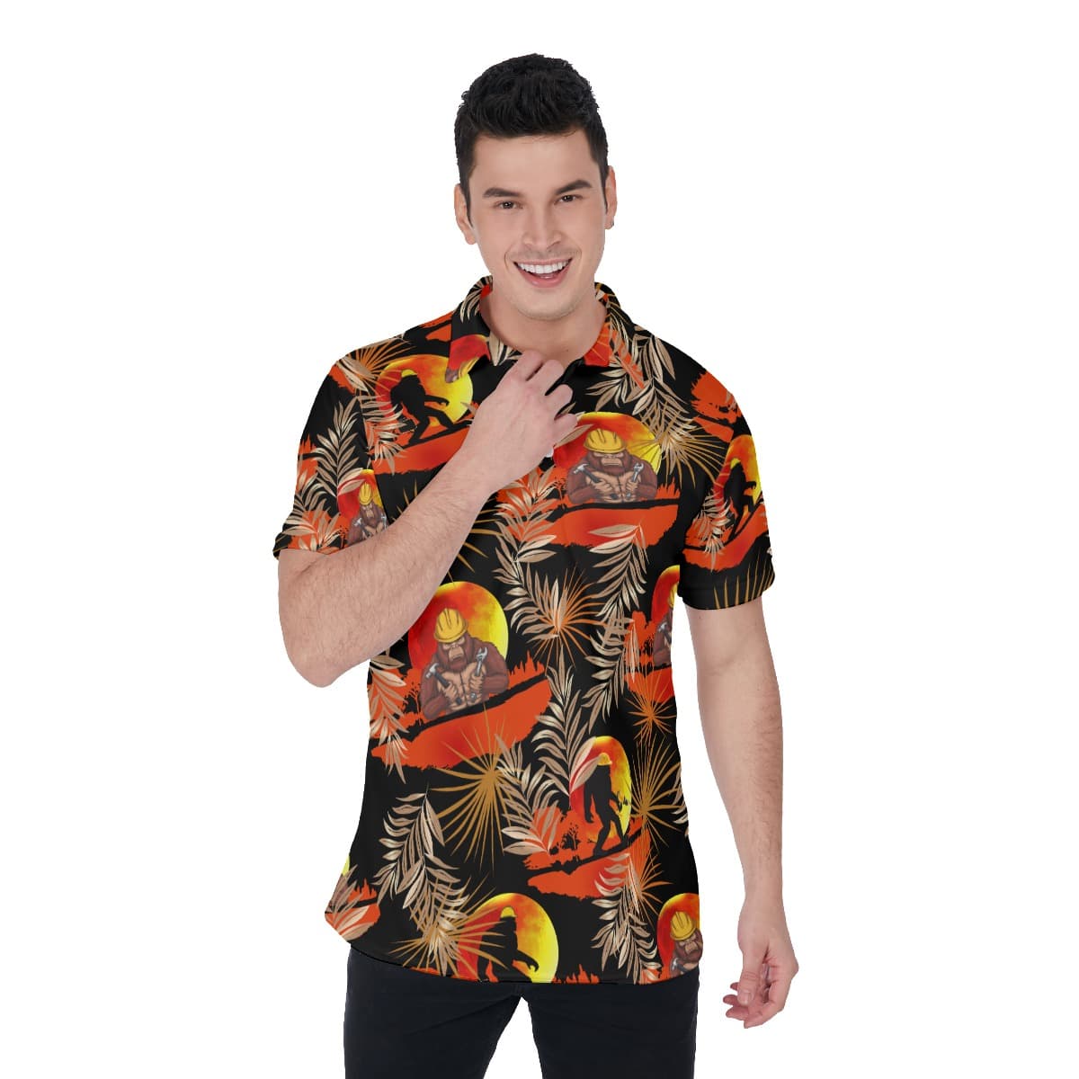Tropical Bigfoot Construction Hawaiian Polo Shirt