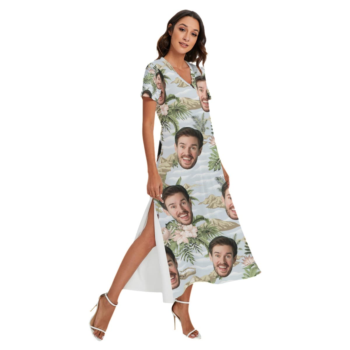 Tropical Botanical Island Custom Face Side Slit Hawaiian V-neck Dress