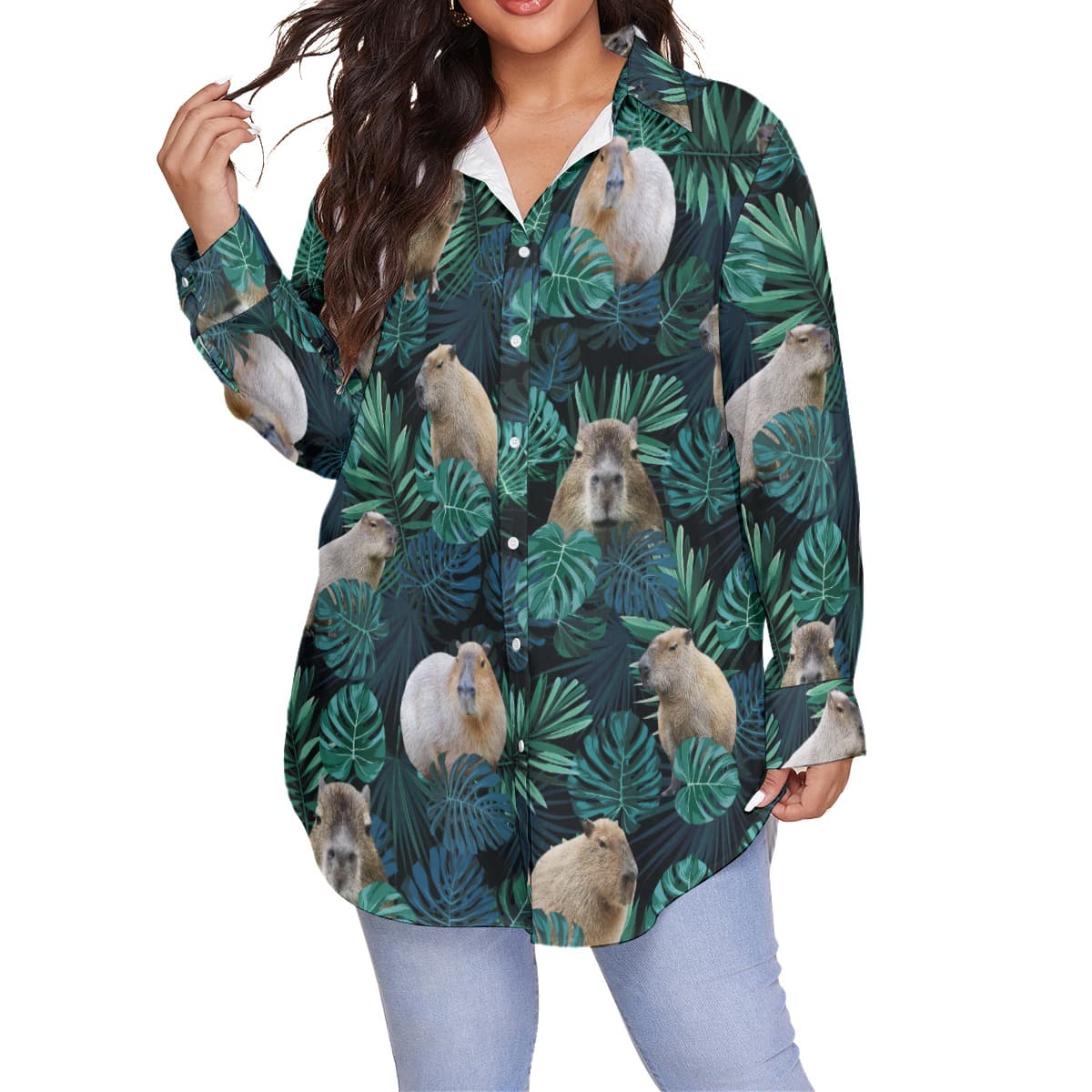 Tropical Capybara Plus Size Hawaiian Shirt For Women (1)