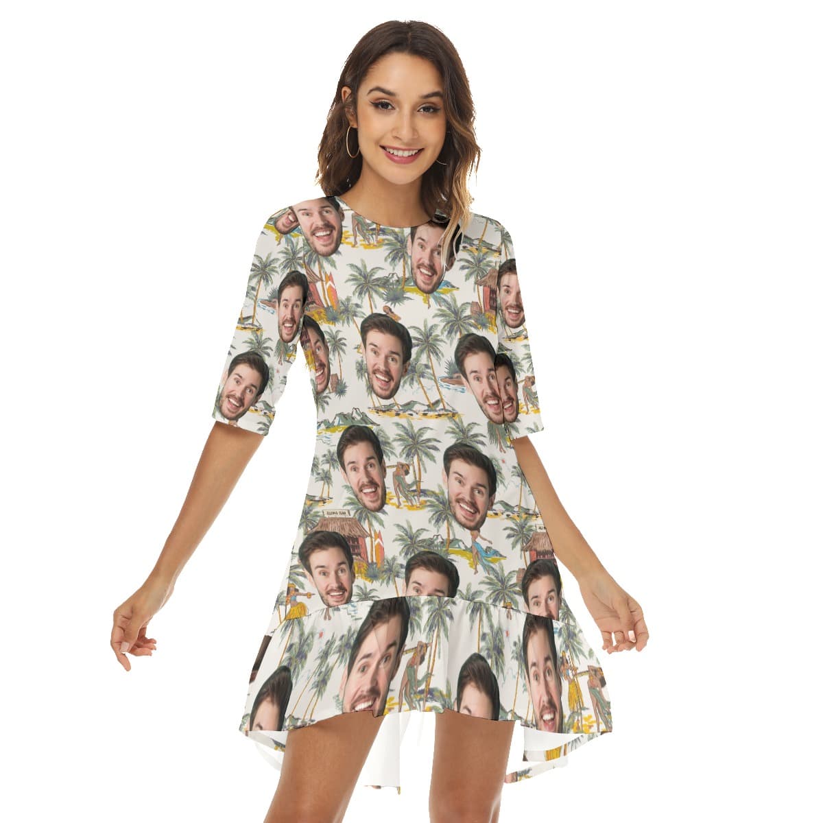 Tropical Hula Girls Custom Face Hawaiian Half Sleeve Dress With Ruffle Hem