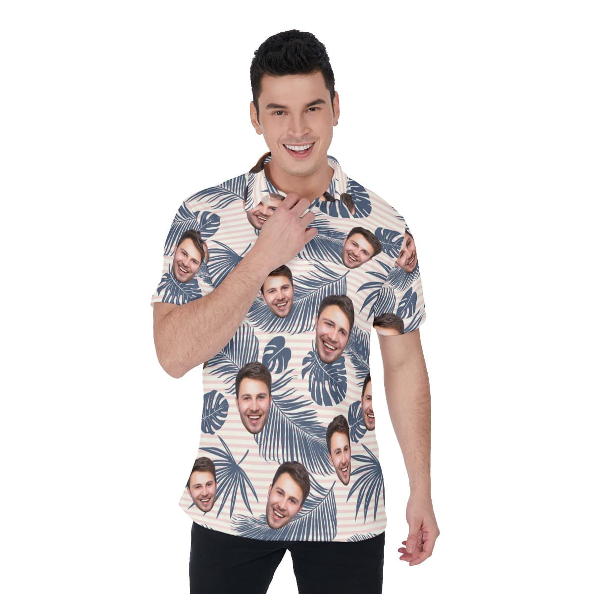Tropical Leaf Custom Face Striped Men's Hawaiian Polo Shirt (1)