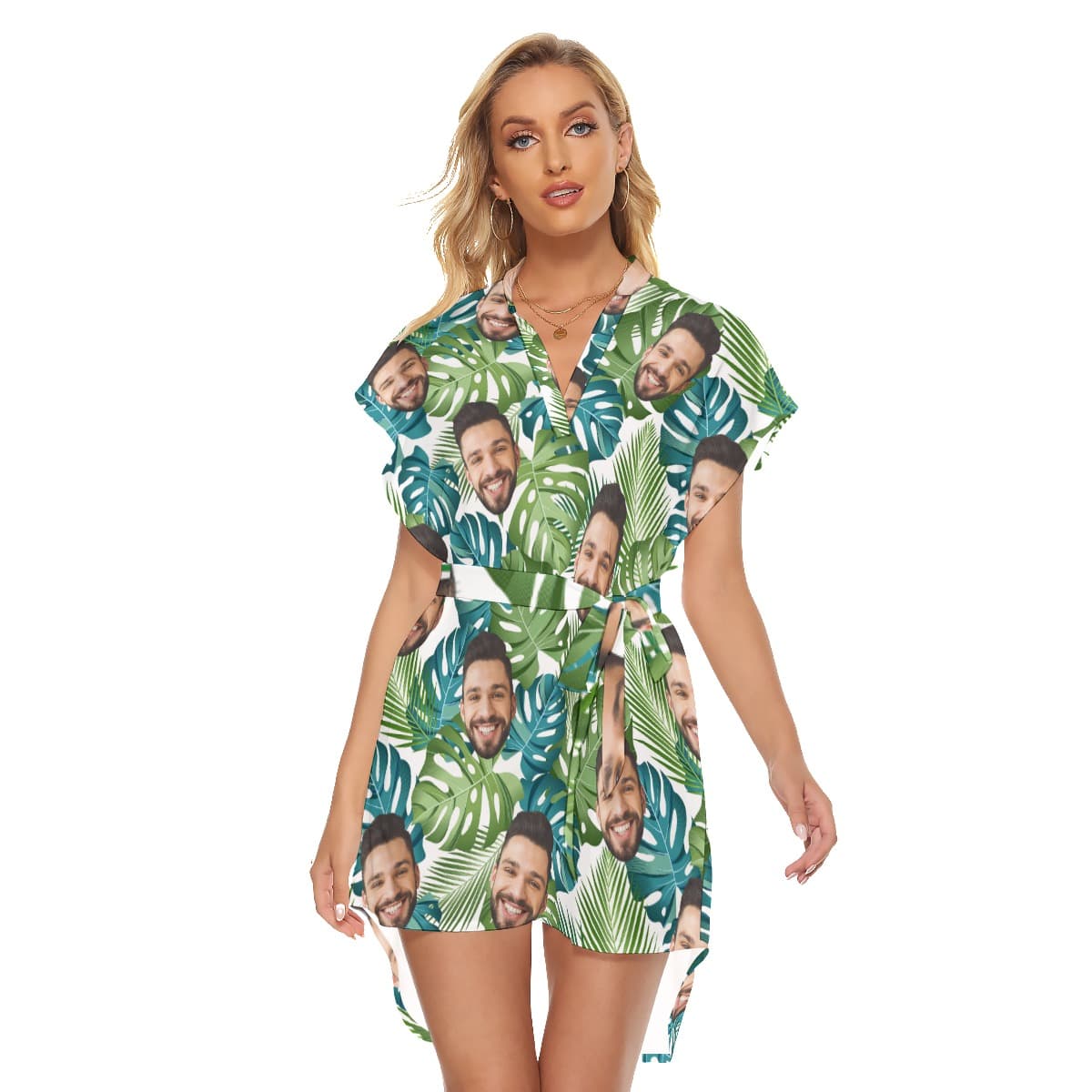 Tropical Leaf Hawaiian Belted Dress With Multiple Faces (1)