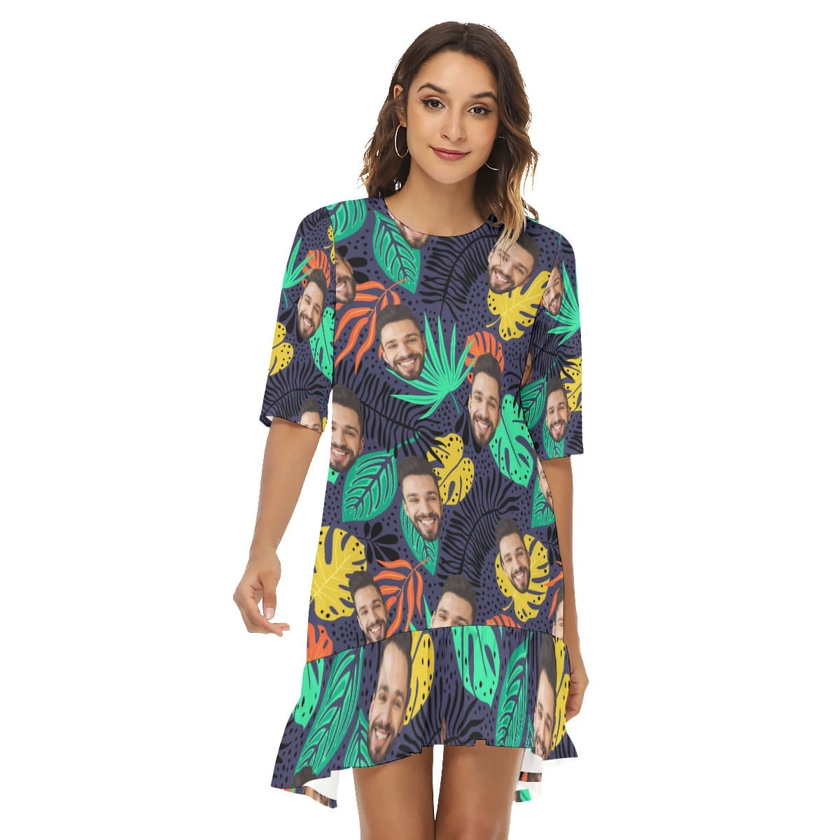 Tropical Leave Custom Face Half Sleeve Dress For Girl (1)