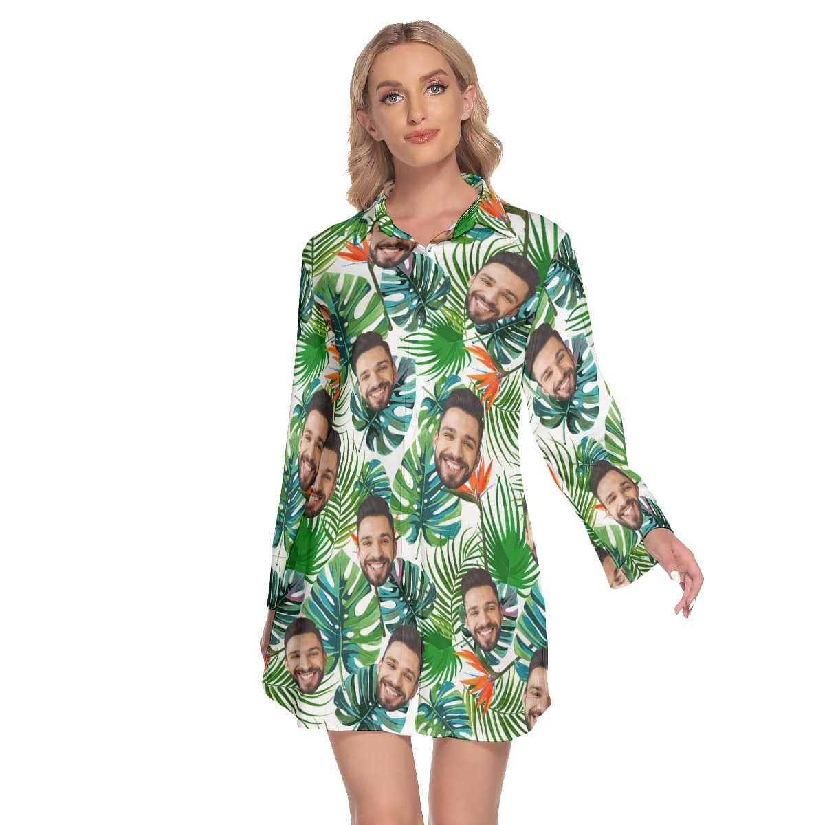 Tropical Long Sleeve Lapel Dress With Custom Face (1)