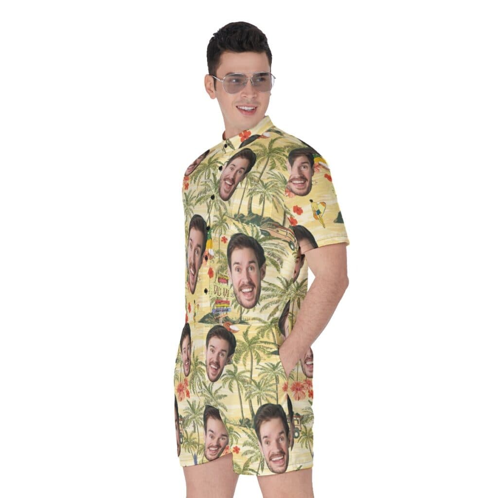 Tropical Palm Tree Custom Face Men's Hawaiian Romper