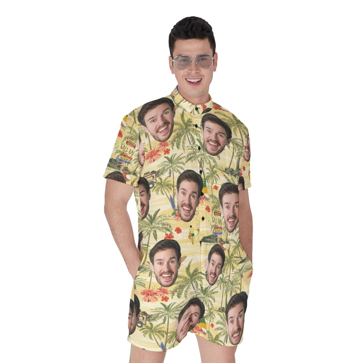 Tropical Palm Tree Custom Face Men's Hawaiian Romper