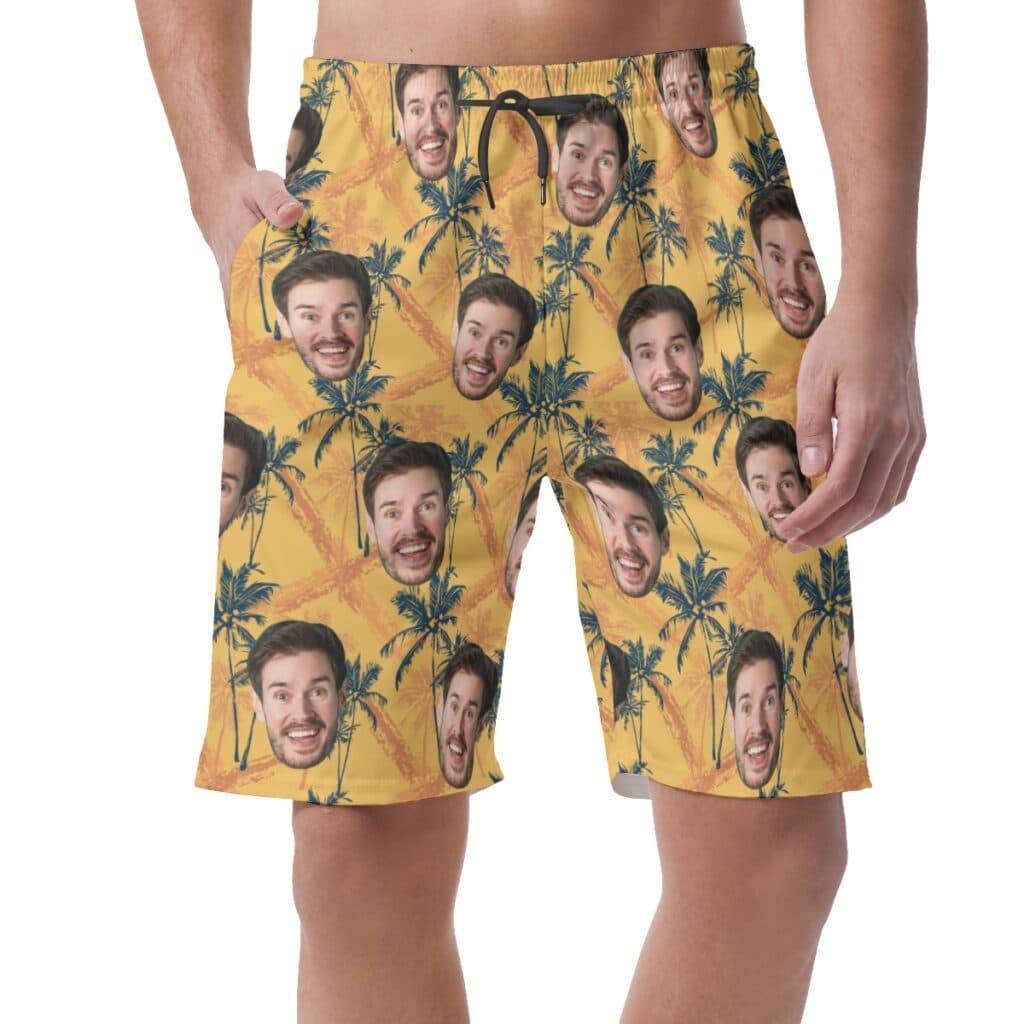 Tropical Palm Tree Custom Face Yellow Hawaiian Beach Shorts For Men