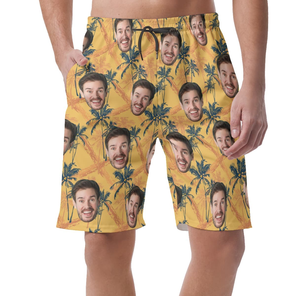 Tropical Palm Tree Custom Face Yellow Hawaiian Beach Shorts For Men