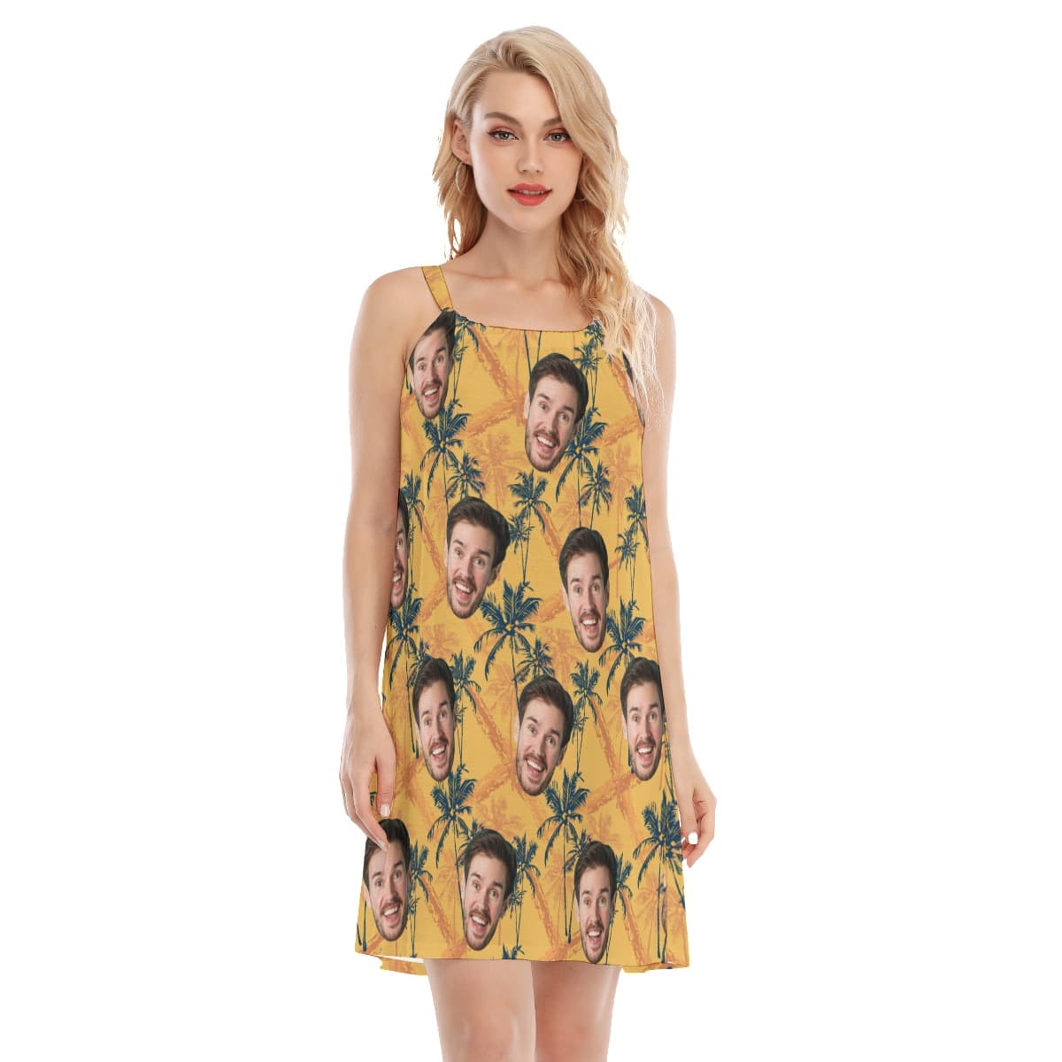 Tropical Palm Tree Yellow Hawaiian Dress With Custom Face (4)