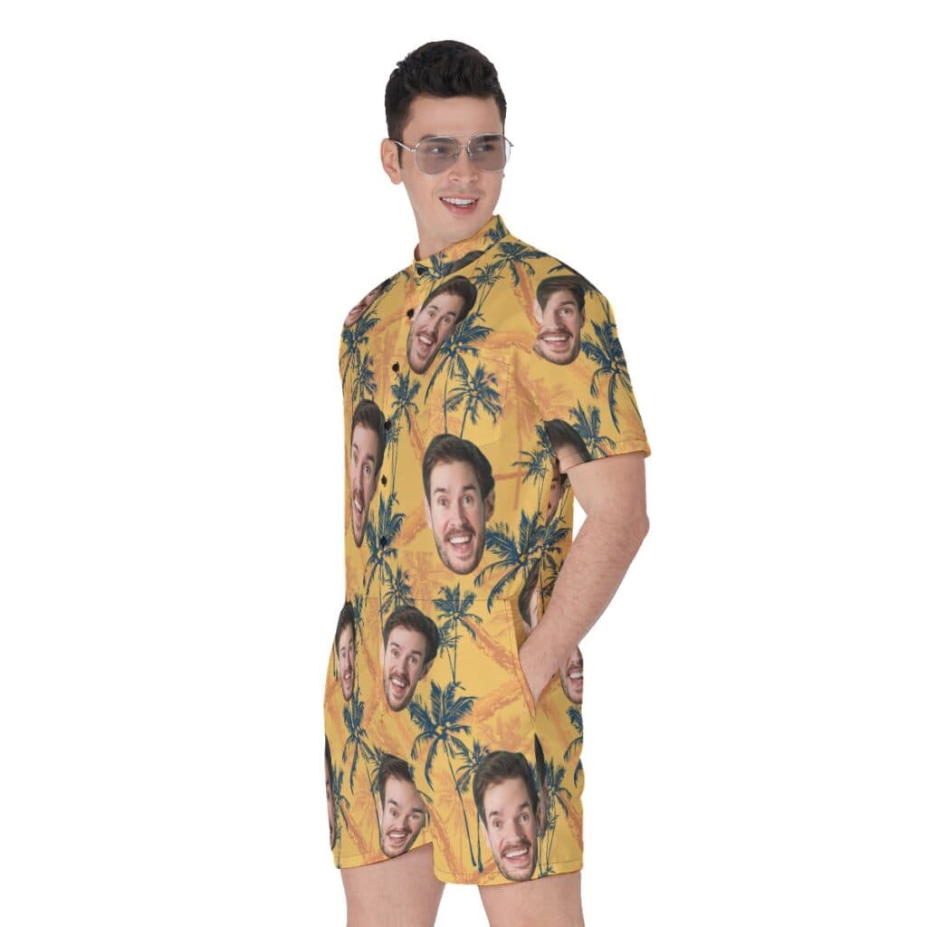 Tropical Palm Tree Yellow Hawaiian Romper With Custom Face
