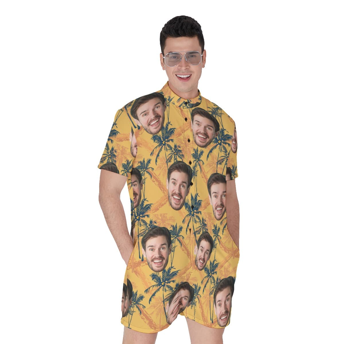 Tropical Palm Tree Yellow Hawaiian Romper With Custom Face
