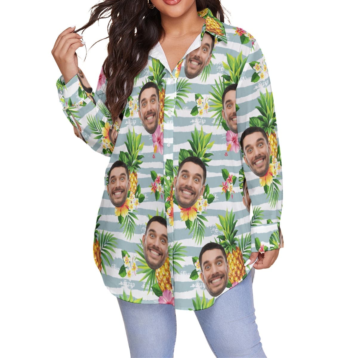 Tropical Pineapple Custom Face Plus Size Hawaiian Shirt For Women (1)