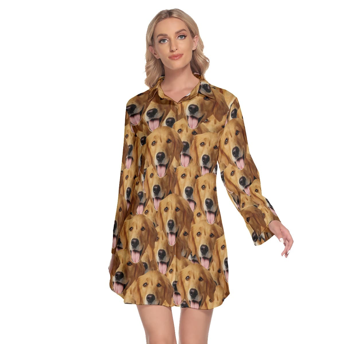Unique Custom Dog Face Lapel Long Sleeve Women Dress (1)