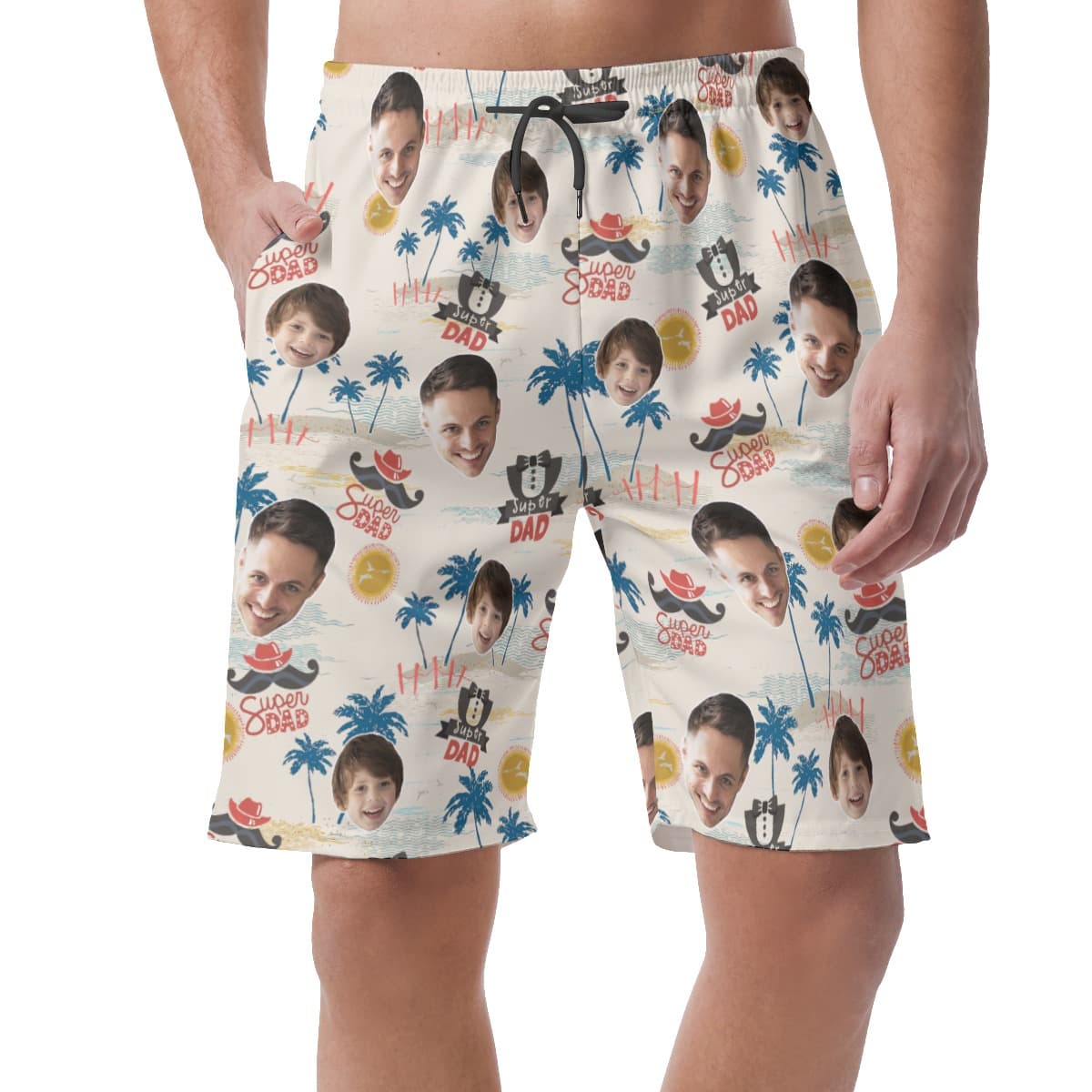 Unique Custom Face Father And Kid Hawaiian Summer Beach Shorts For Men