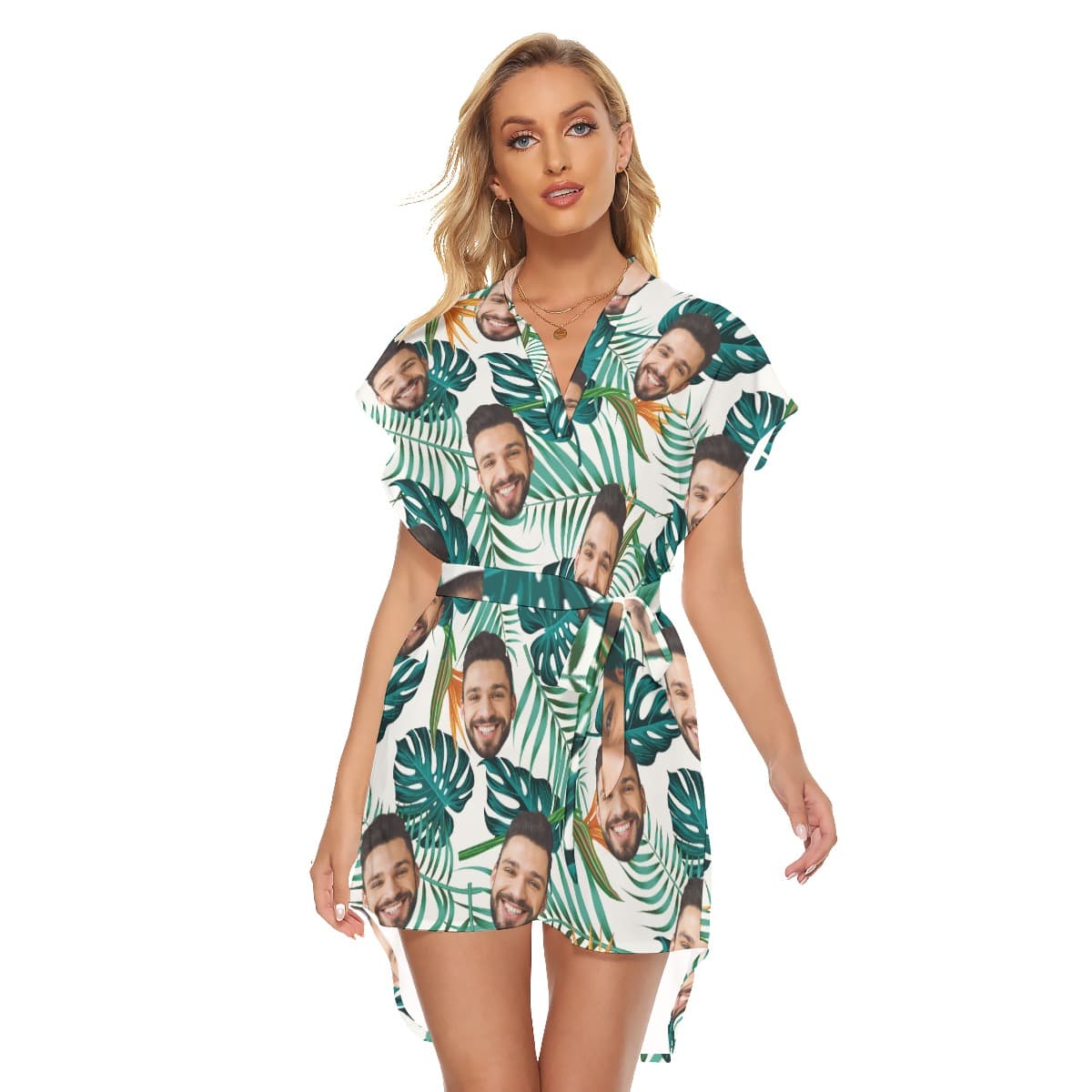 Unique Custom Face Leaves Hawaiian Dress With Belts (1)