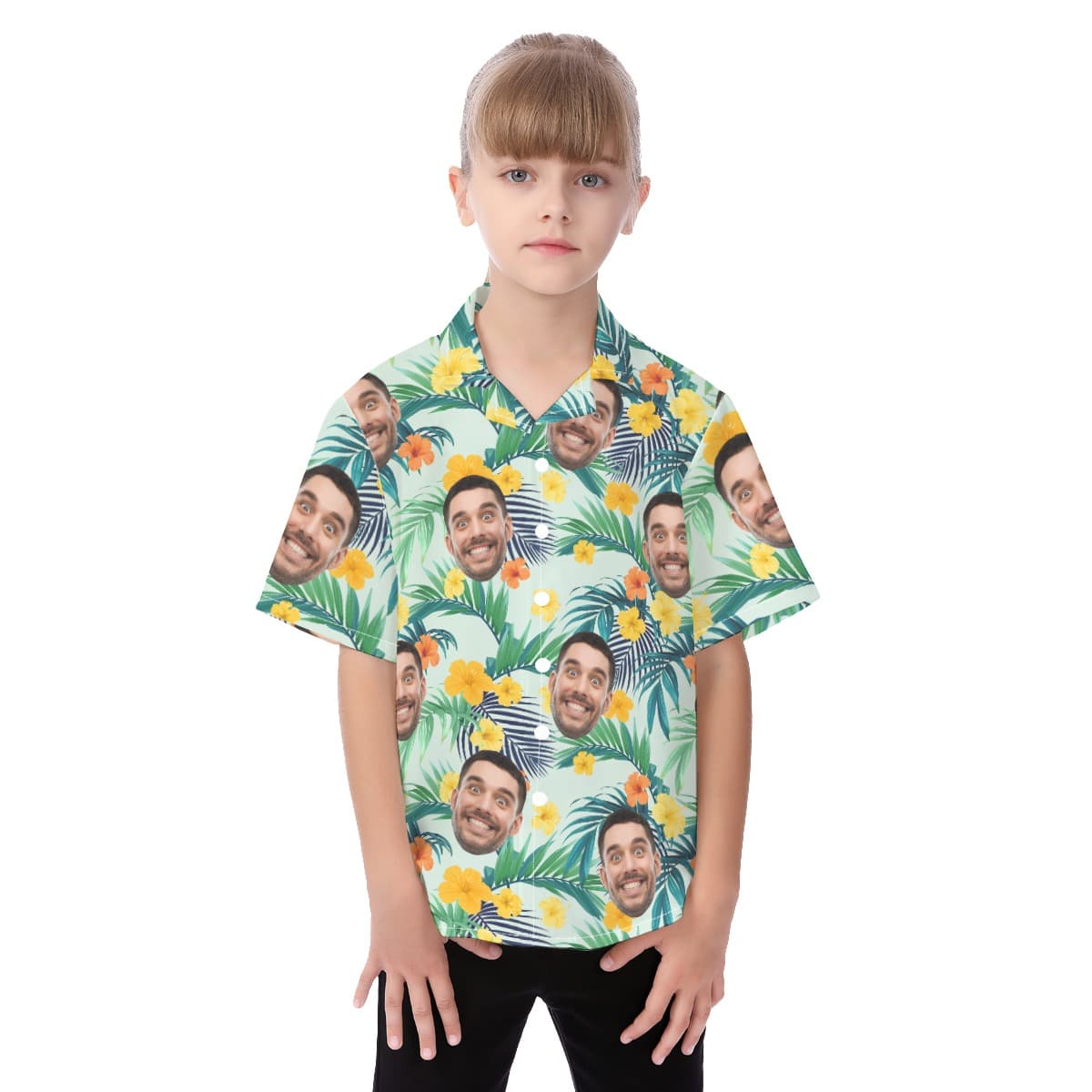 Kid's Hawaiian shirt with green tropical print, yellow hibiscus and custom faces on them
