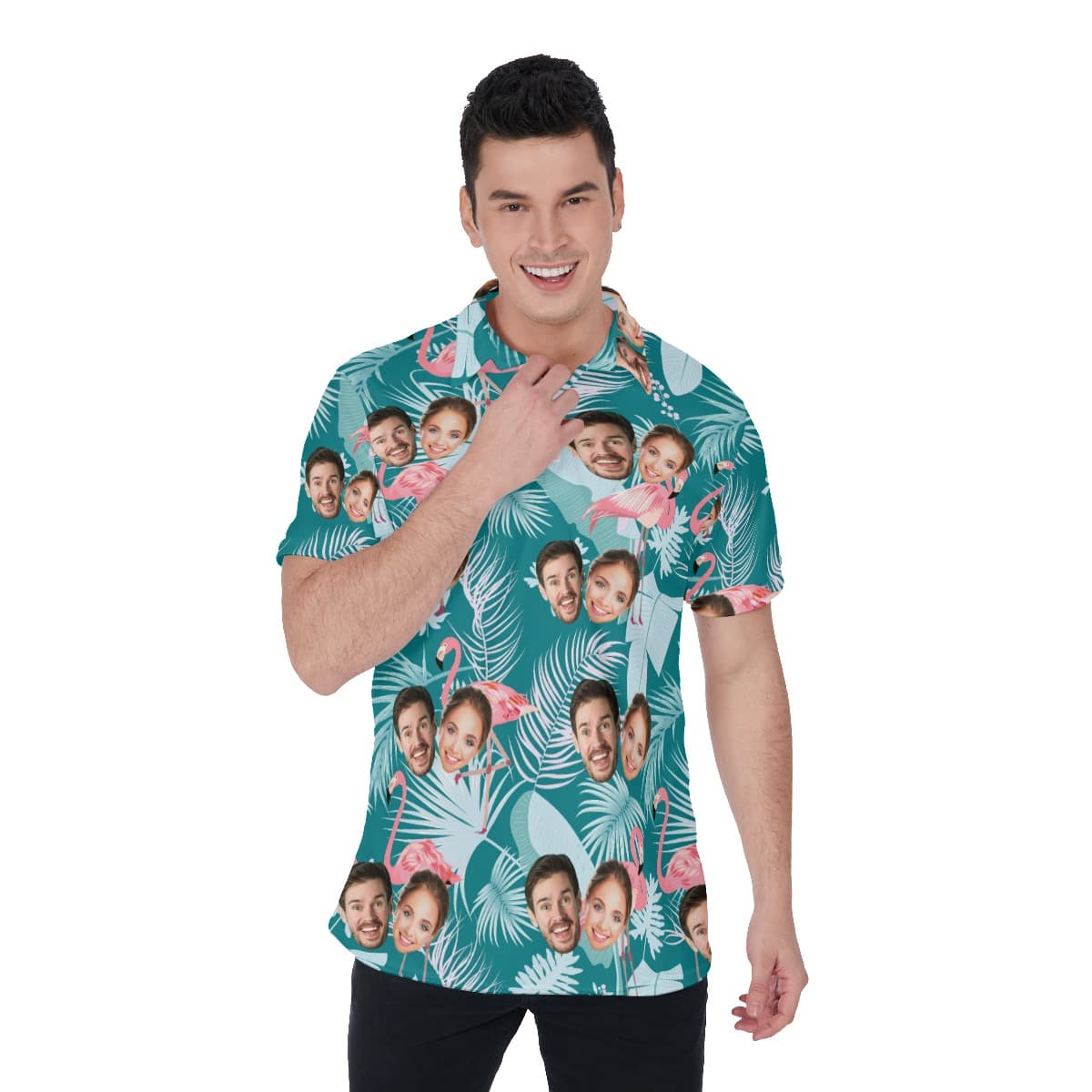 A green tropical polo shirt with flamingo, custom faces all over the shirt, perfect for golf tournament or summer beach parties!