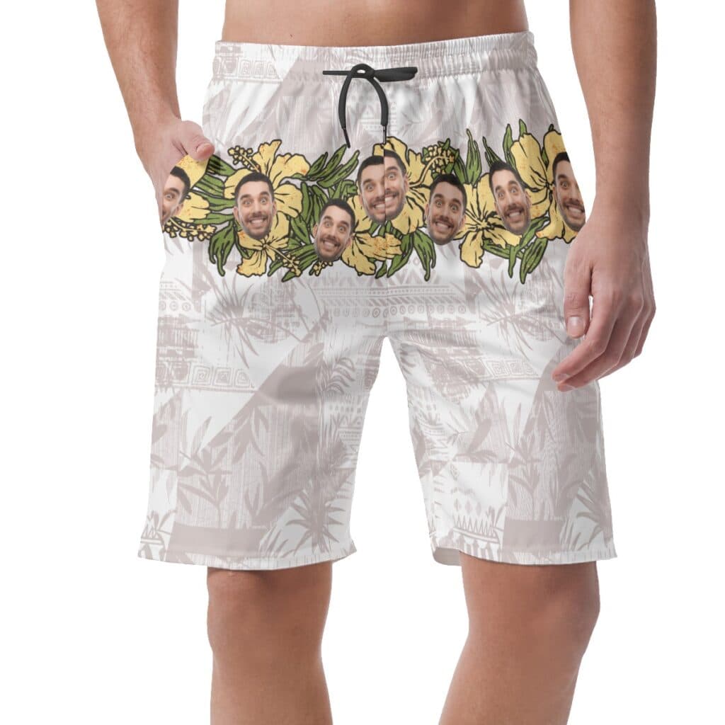 Vintage Hibicus Custom Face Hawaiian Beach Shorts For Men