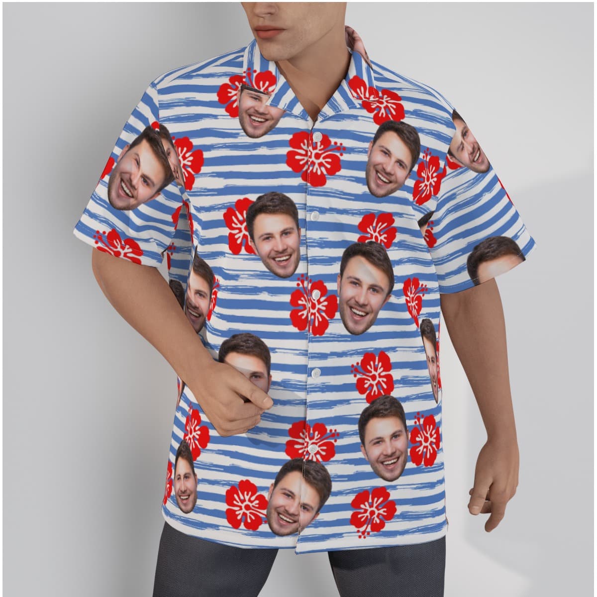 White And Blue Custom Face Striped Hawaiian Shirt For Men (1)