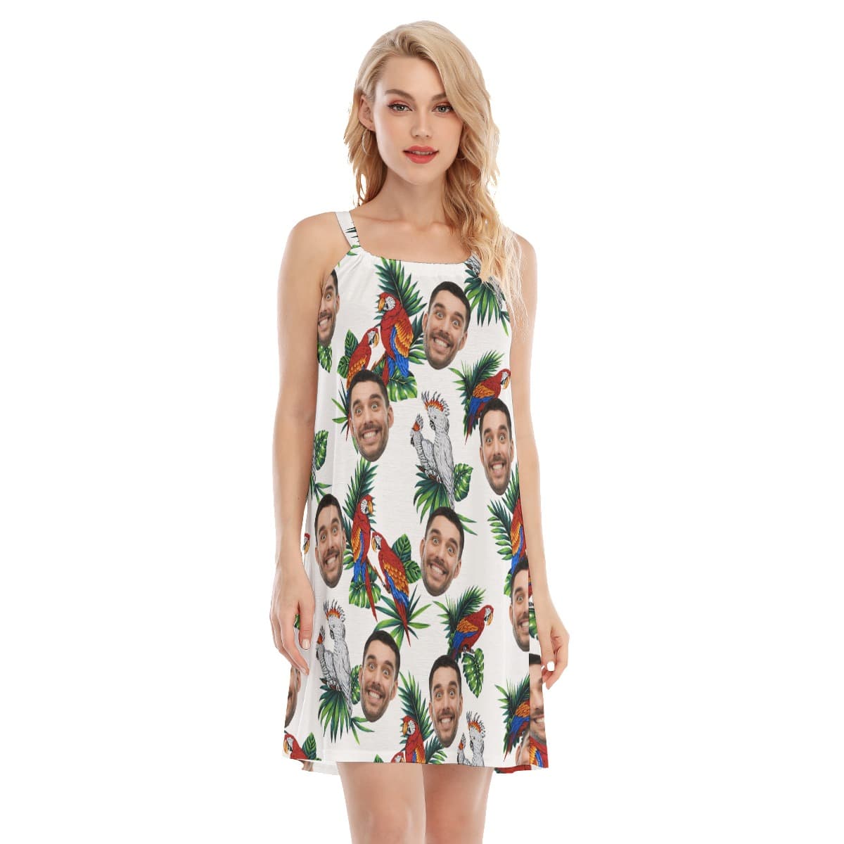 White Hawaiian Cami Dress With Custom Face And Parrot Pattern (1)