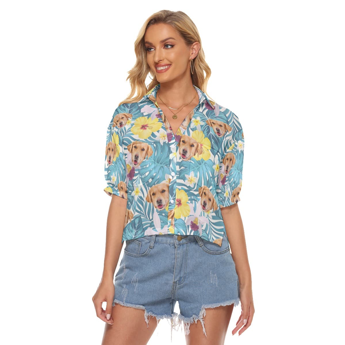 Women’s Cropped Hawaiian Shirt With Dog Face (1)