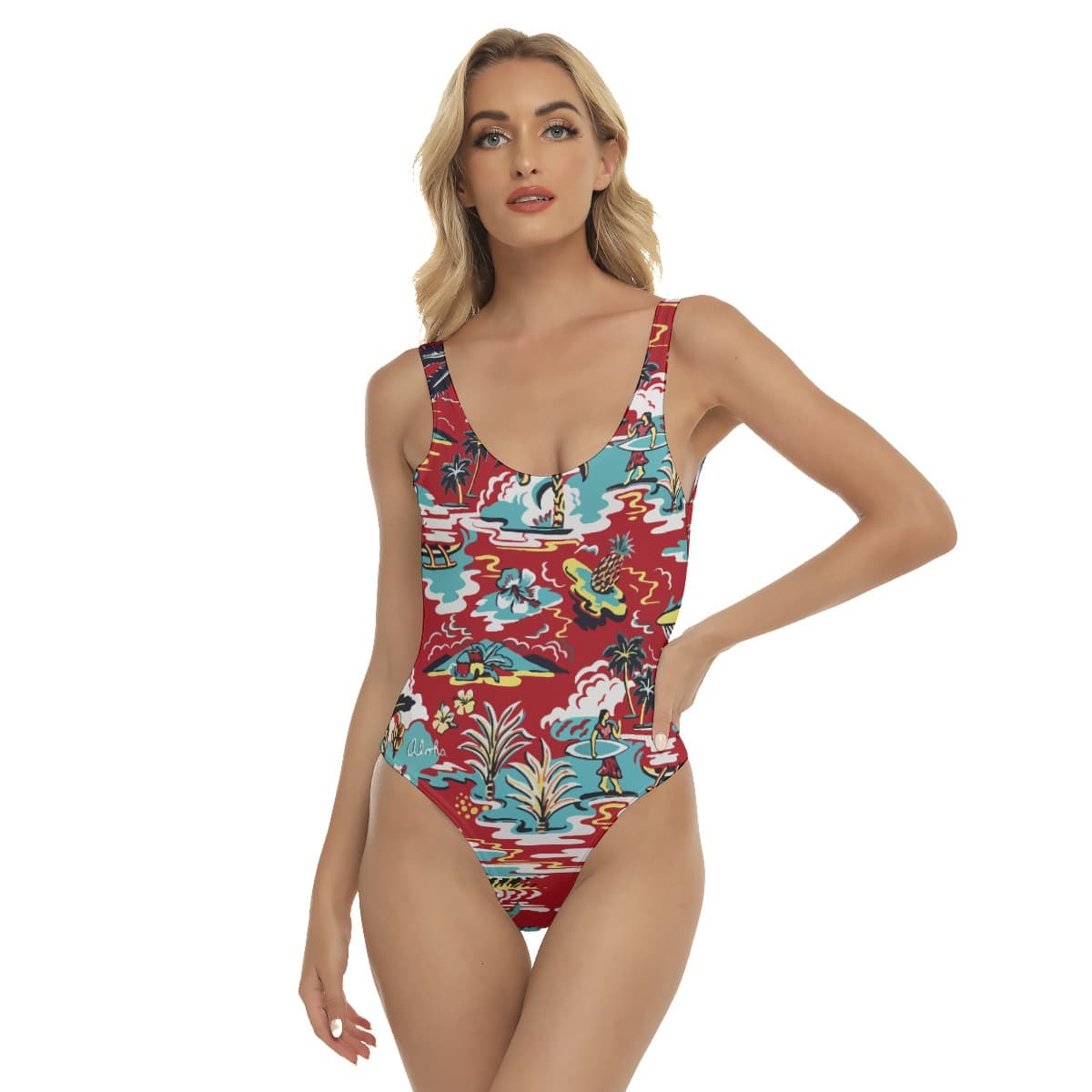 Women’s Red Aloha One Piece Swimsuit Hawaiian Pattern (1)