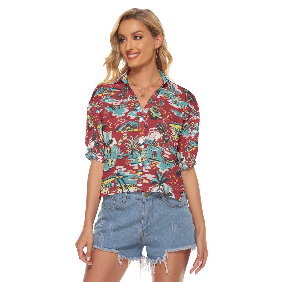 Women’s Red Hawaiian Cropped Shirt (2)