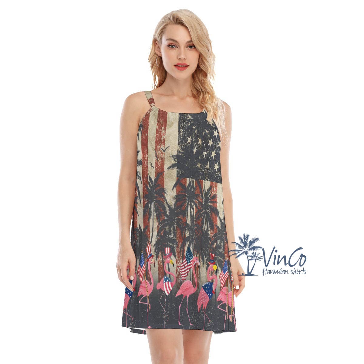 4th Of July American Flag Flamingo Hawaiian Dresses For Women (4)