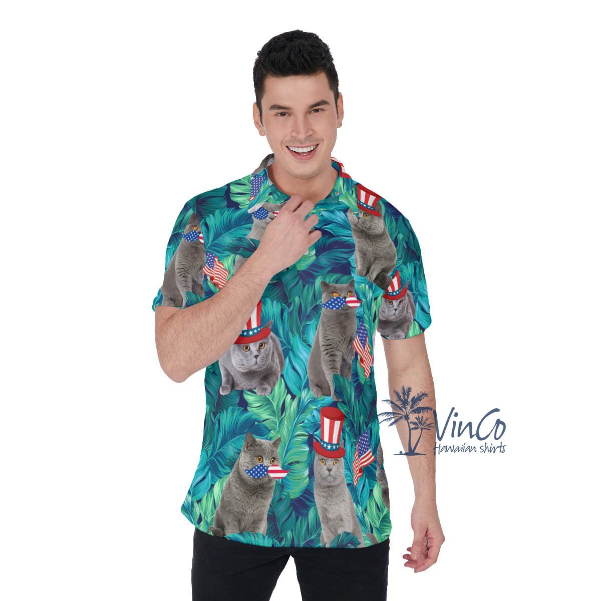 4th Of July Cat Tropical Hawaiian Polo Shirt For Men (2)