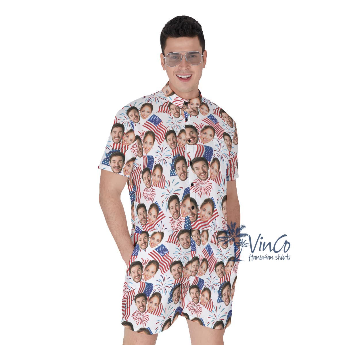 4th Of July Custom Couple Faces Men's Hawaiian Romper (1)