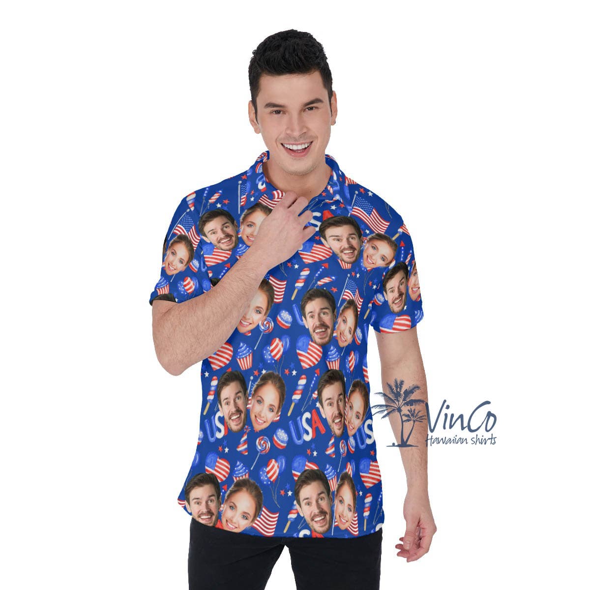 4th Of July Custom Face Couples Hawaiian Polo Shirt For Men (1)