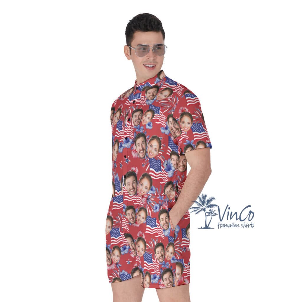 4th Of July Custom Face Hawaiian Romper For Men