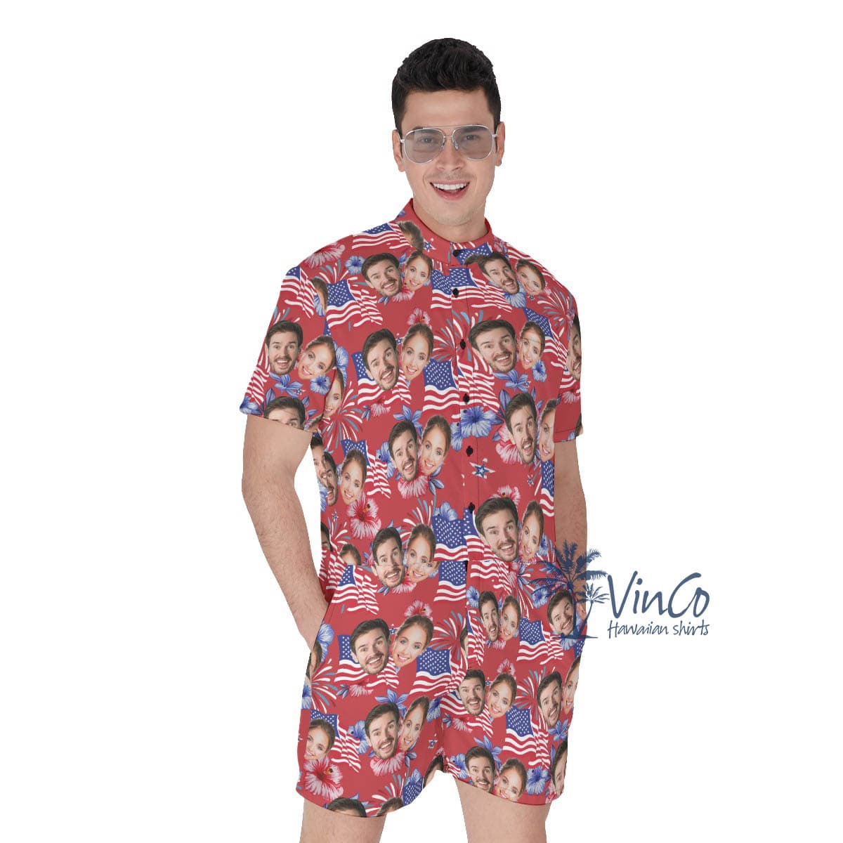 4th Of July Custom Face Hawaiian Romper For Men