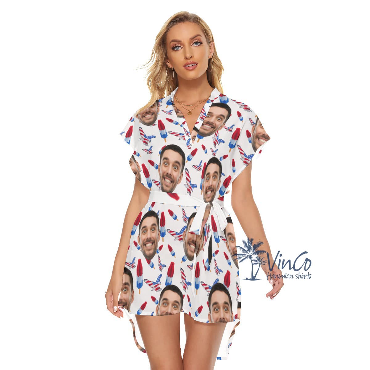 4th Of July Custom Face Women's Hawaiian Dress With Belt (1)