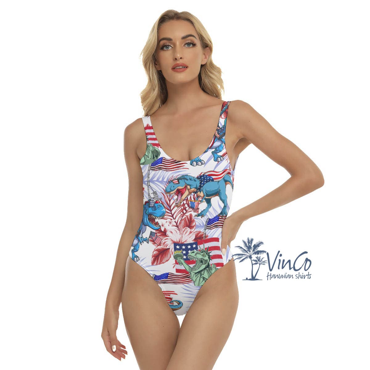4th Of July Dinosaur Hibiscus Hawaiian Swimsuit For Women