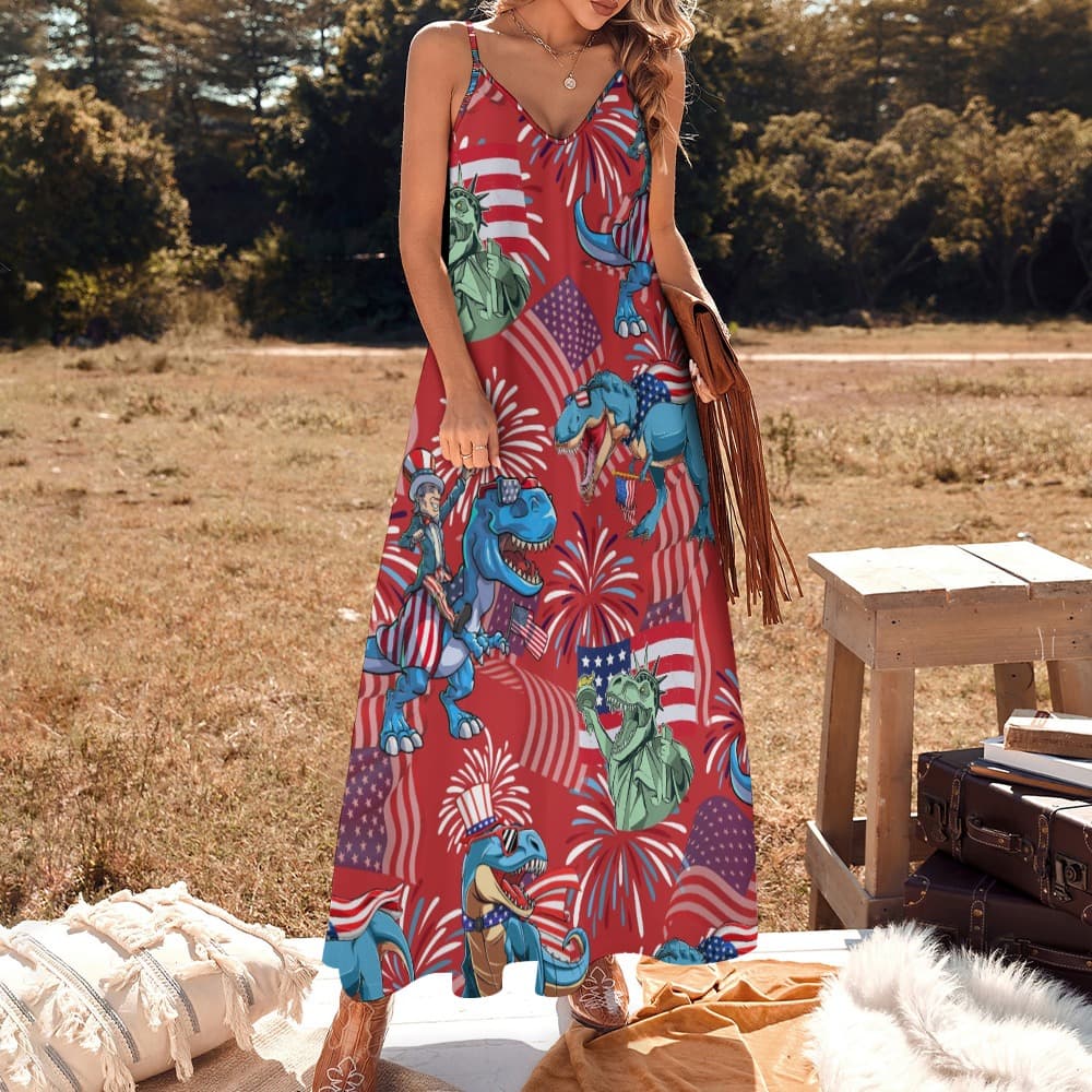 4th Of July Dinosaur Red Hawaiian Sling Ankle Long Dress