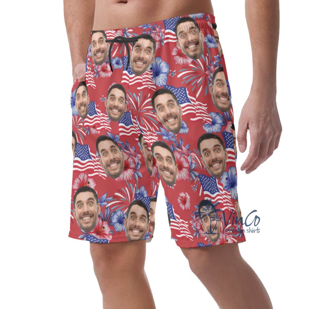 4th Of July Floral Custom Face Hawaiian Beach Shorts For Men