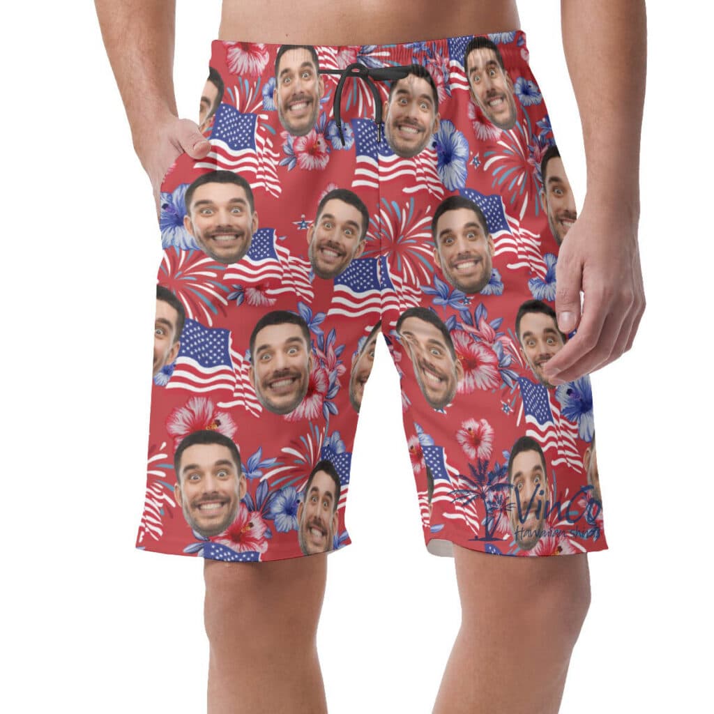 4th Of July Floral Custom Face Hawaiian Beach Shorts For Men