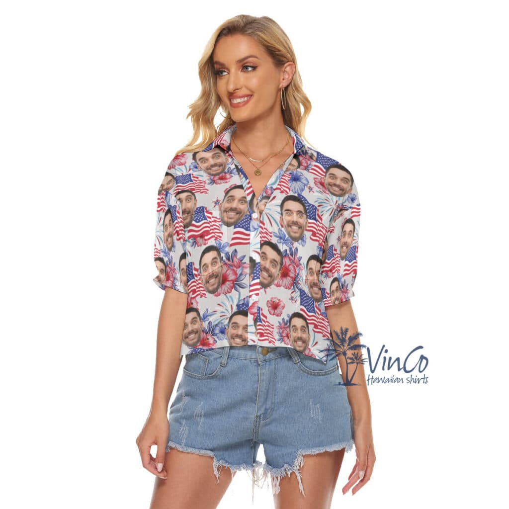 4th Of July Floral Custom Face Hawaiian Crop Top Shirt For Women