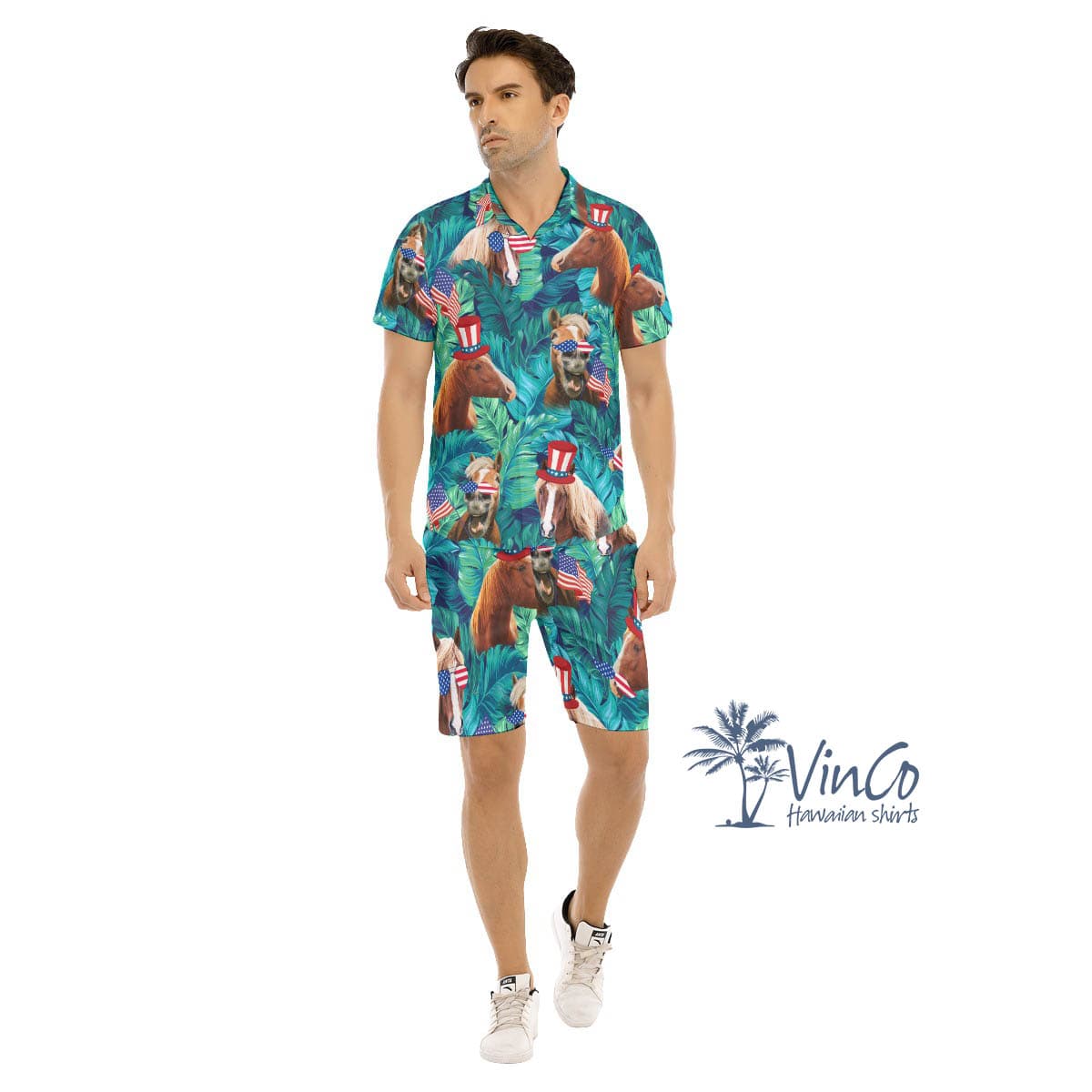 4th Of July Horse Tropical Hawaiian Shirt And Matching Shorts For Men (1)