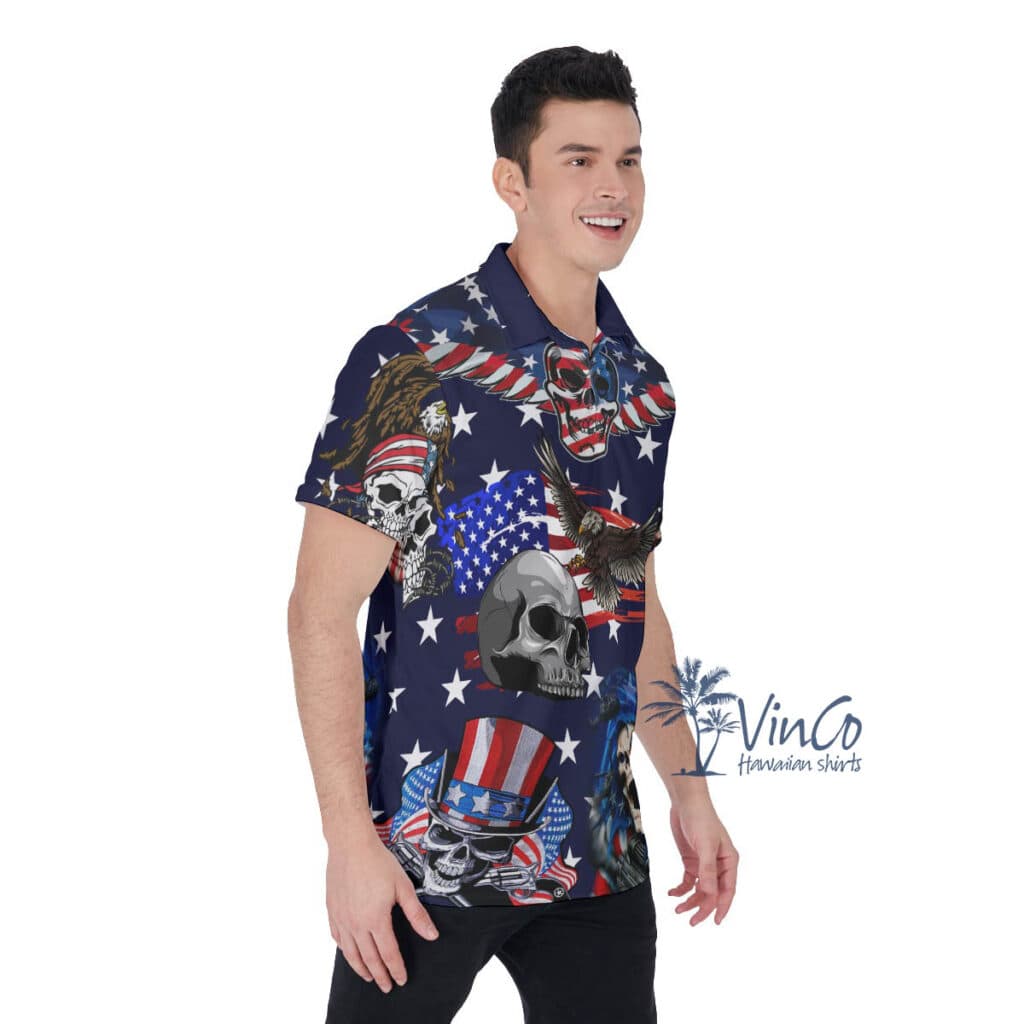 4th Of July Skull American Eagle Hawaiian Polo Shirt For Men