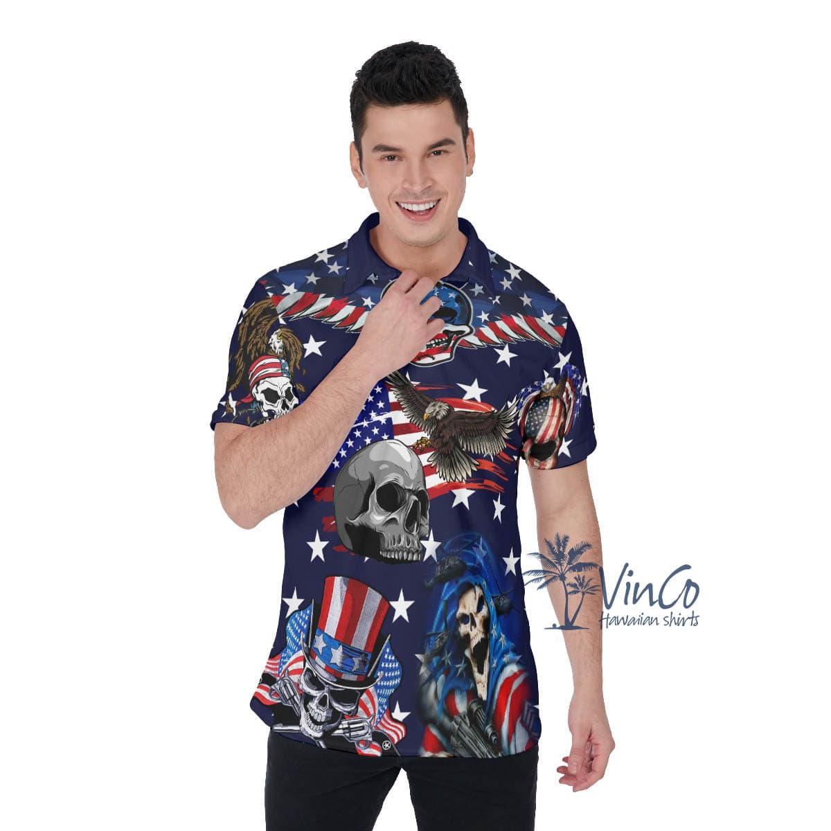 4th Of July Skull American Eagle Hawaiian Polo Shirt For Men