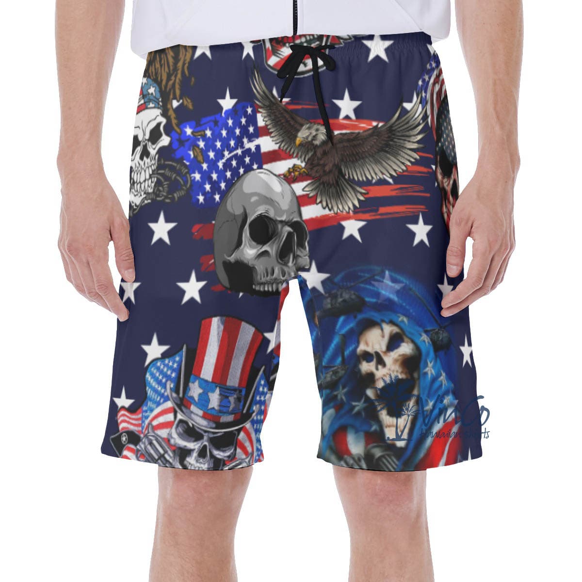 American Eagle Skull Patriotic Hawaiian Swim Trunks For Men