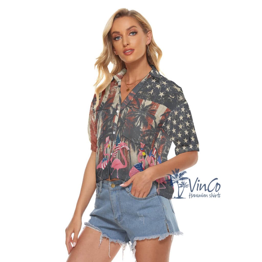 American Flag 4th Of July Flamingo Hawaiian Cropped Shirt For Women
